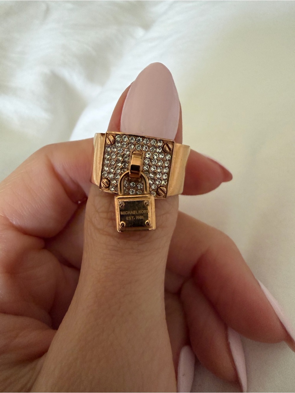 Michael Kors Rose Gold Padlock Statement Ring with Crystals